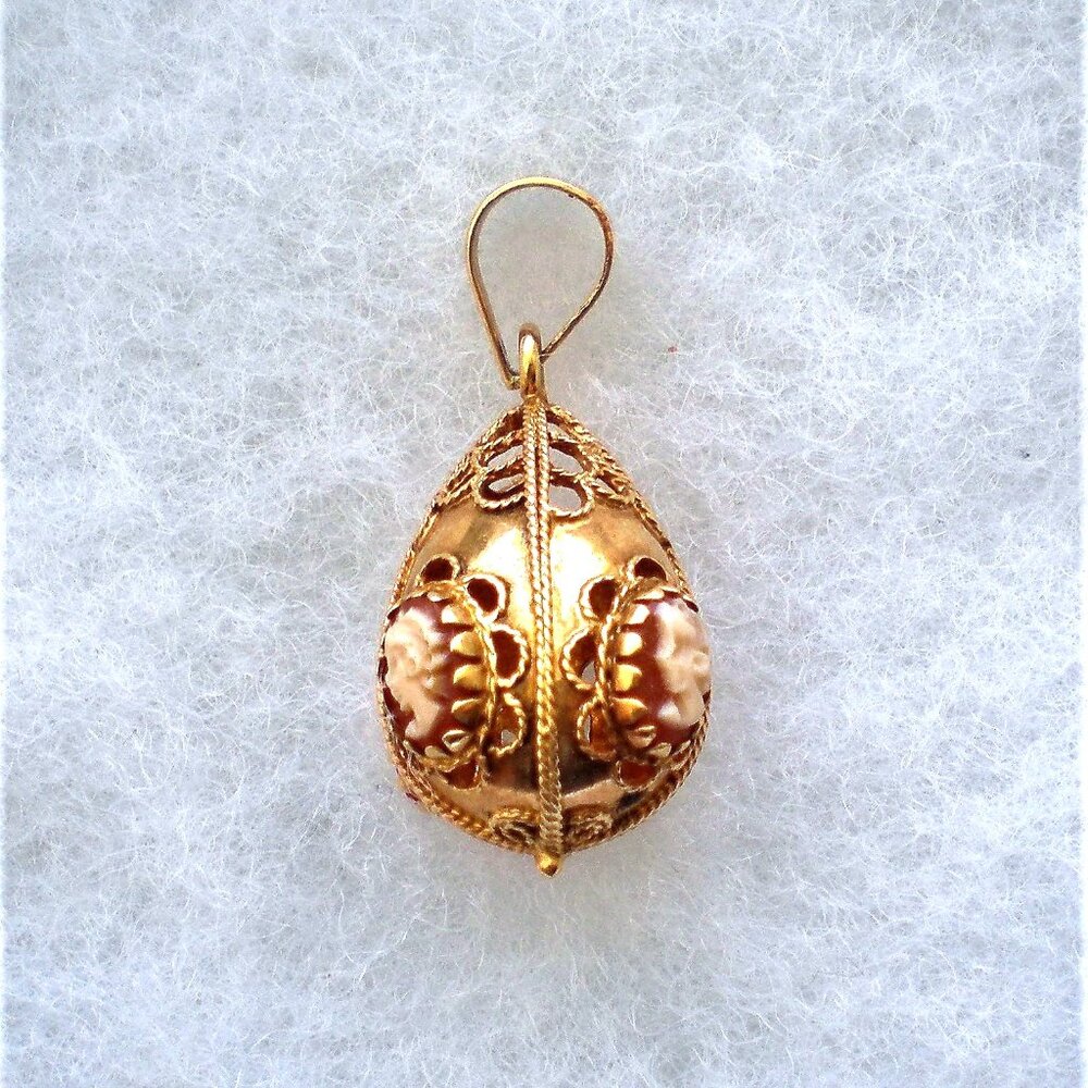 Designer Milor Italy 14K Yellow Gold Carved Shell Lady Face Cameo Egg Pendant - Picture 4 of 4